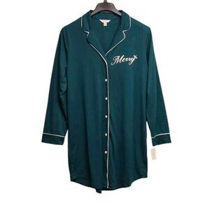 Charter Club Sleepshirt Womens Large Green Merry Christmas Nightgown Soft Knit
